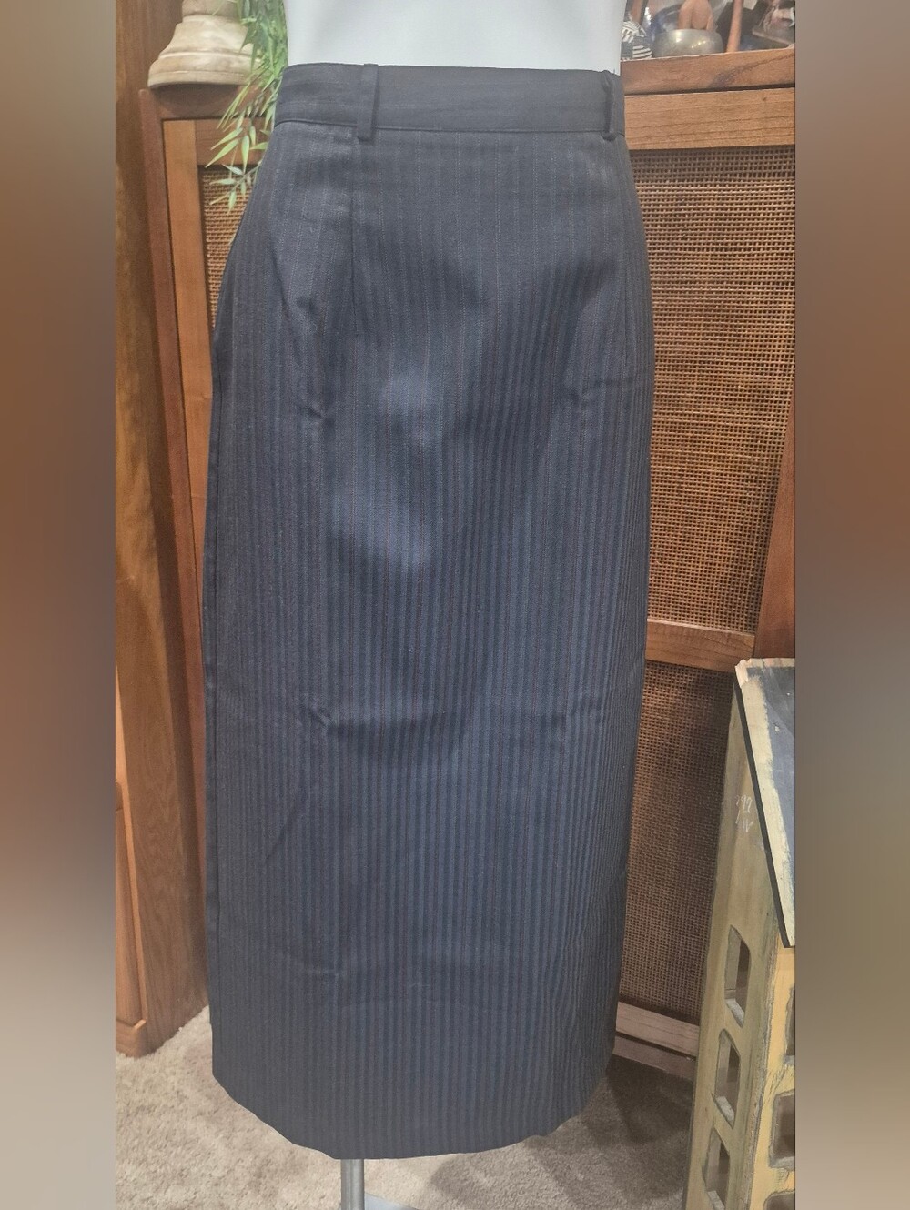 Navy Pinstripe Maxi Skirt with Side Slit